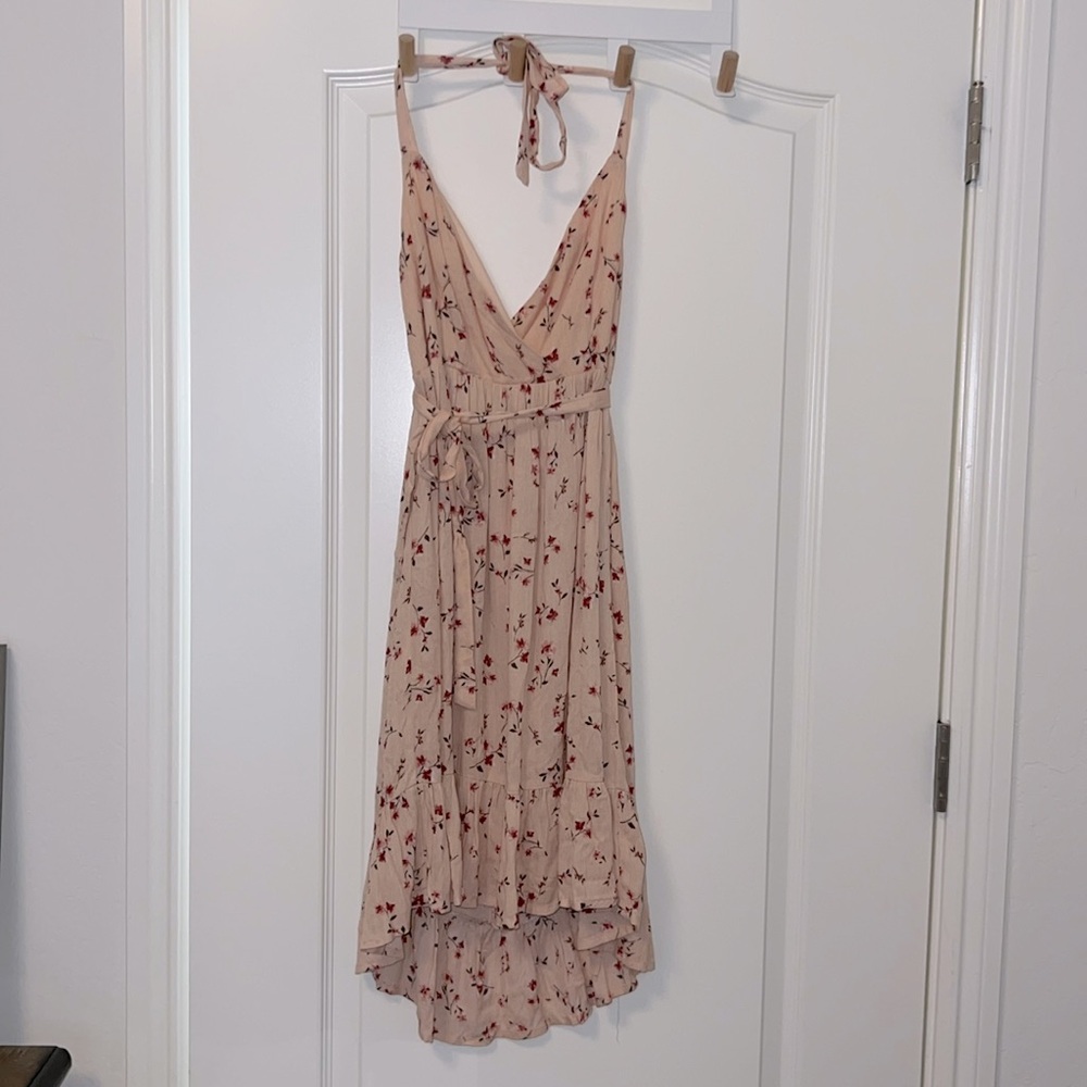 Salmon colored w/ dark pink flowers. Summer vibes, comfortable, and refreshing!